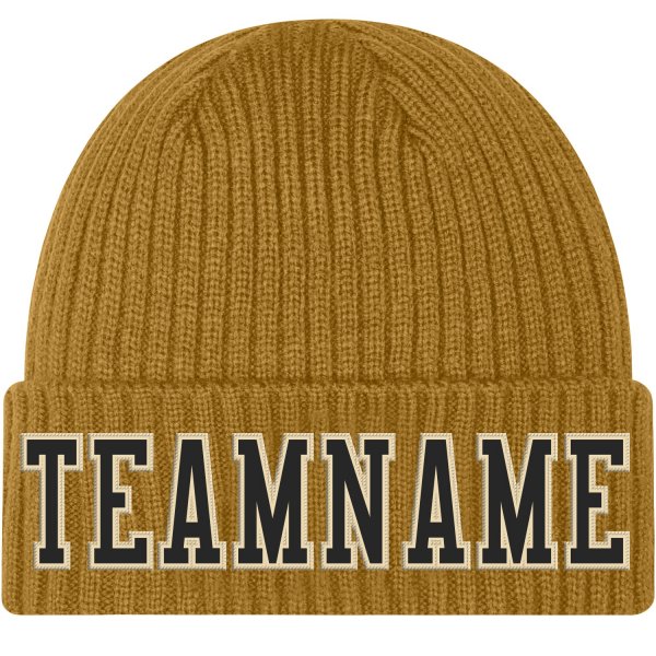 Custom Old Gold Black-Cream Stitched Cuffed Knit Hat