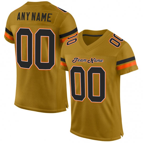 Custom Old Gold Black-Orange Mesh Authentic Football Jersey