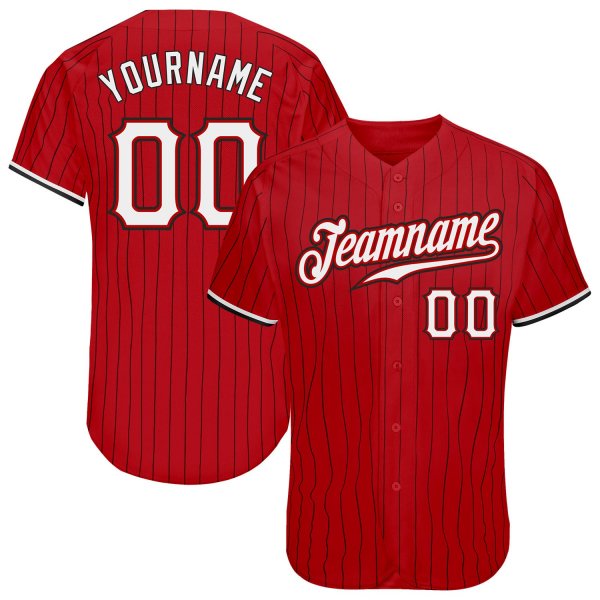 Custom Red Black Pinstripe White-Black Authentic Baseball Jersey